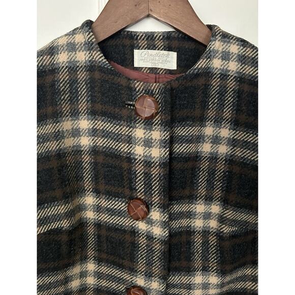 Vintage 1960s Pendleton Wool Plaid Blazer Womens Size 10 Brown Wood Buttons - Picture 2 of 8